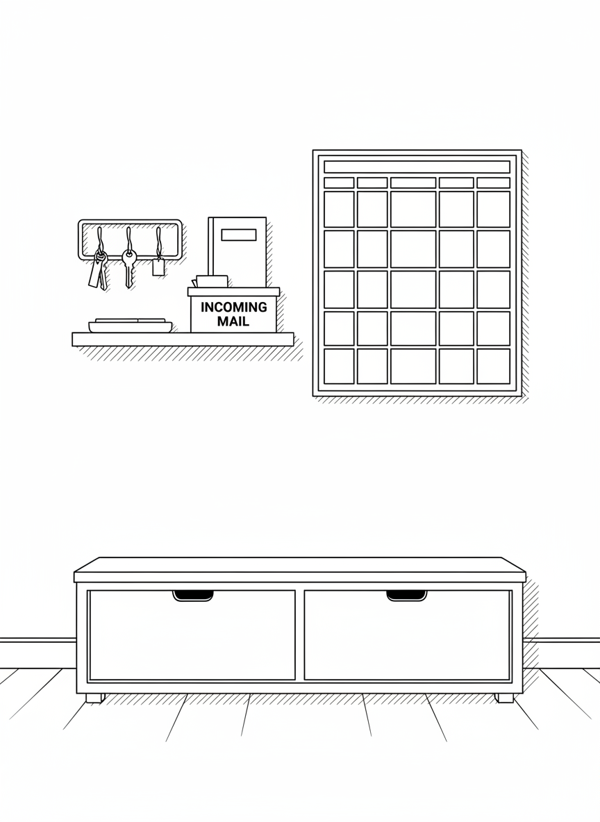 Line-art scene of an entryway command center designed for clean, prepared daily living. A narrow wall-mounted shelf holds a small tray with labeled key hooks, a closed notebook, and a simple box for incoming mail. Below, a bench with two hidden-storage compartments sits on a clear floor, no clutter visible. On the wall beside the shelf, a minimalist grid-style board displays blank rectangles representing schedules and checklists, all drawn without readable text. Soft, diffuse overhead lighting is suggested by subtle shadows under the shelf and bench. The eye-level, straight-on composition emphasizes structure and routine. The professional line-art style uses tidy black outlines and restrained shading to evoke reliability and everyday readiness.