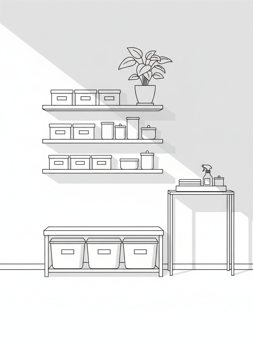 Clean, minimalist line-art illustration of a well-organized living room focused on practical home living. A low, rectangular storage bench with neatly labeled, closed bins sits against a simple wall of floating shelves holding evenly spaced boxes, jars, and a single leafy plant for texture. A slim console table holds a tray with folded cleaning cloths, a small spray bottle, and a lidded container. The scene is drawn in crisp black line-art on a white background with subtle gray shading for depth. Soft, implied daylight comes from the left, suggested by gentle shadows. Eye-level, balanced composition with clear negative space communicates order, preparedness, and calm self-sufficient living in a professional, modern style.