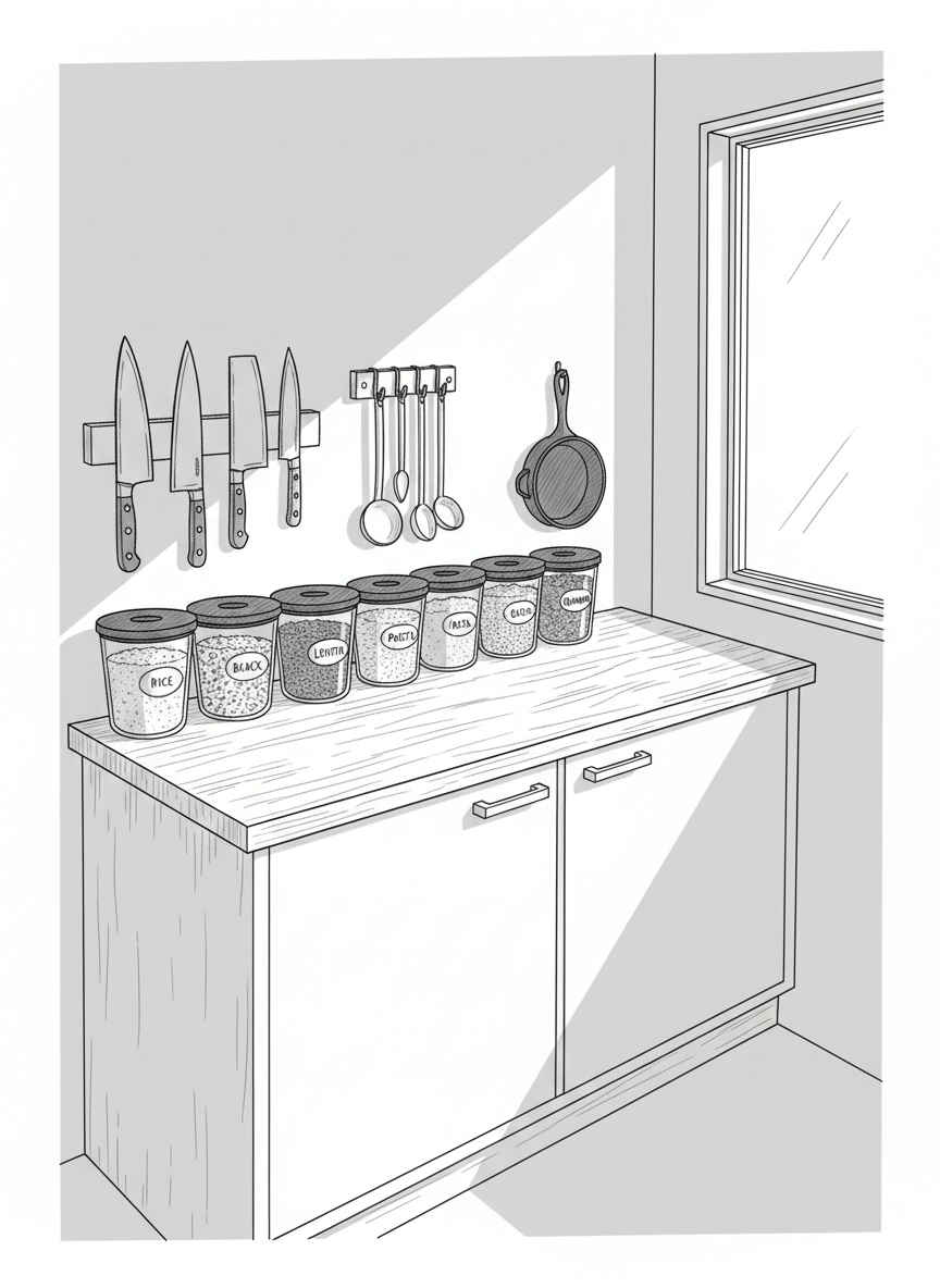 Detailed line-art illustration of a compact but efficient kitchen workstation dedicated to everyday preparedness. Centered is a sturdy countertop with a row of transparent, labeled-style containers holding dry goods like rice, beans, and pasta, each with tightly sealed lids. Below, closed cabinet doors with simple handles indicate hidden organization. Above, a magnetic knife strip, hanging measuring spoons, and a single cast-iron pan suggest practical cooking. Light seems to fall from a high window to the right, creating clean, directional shadows. The composition uses the rule of thirds, with the storage zone slightly off-center. Thin, precise black lines with minimal gray hatching create a professional, clean line-art aesthetic that feels trustworthy and methodical.