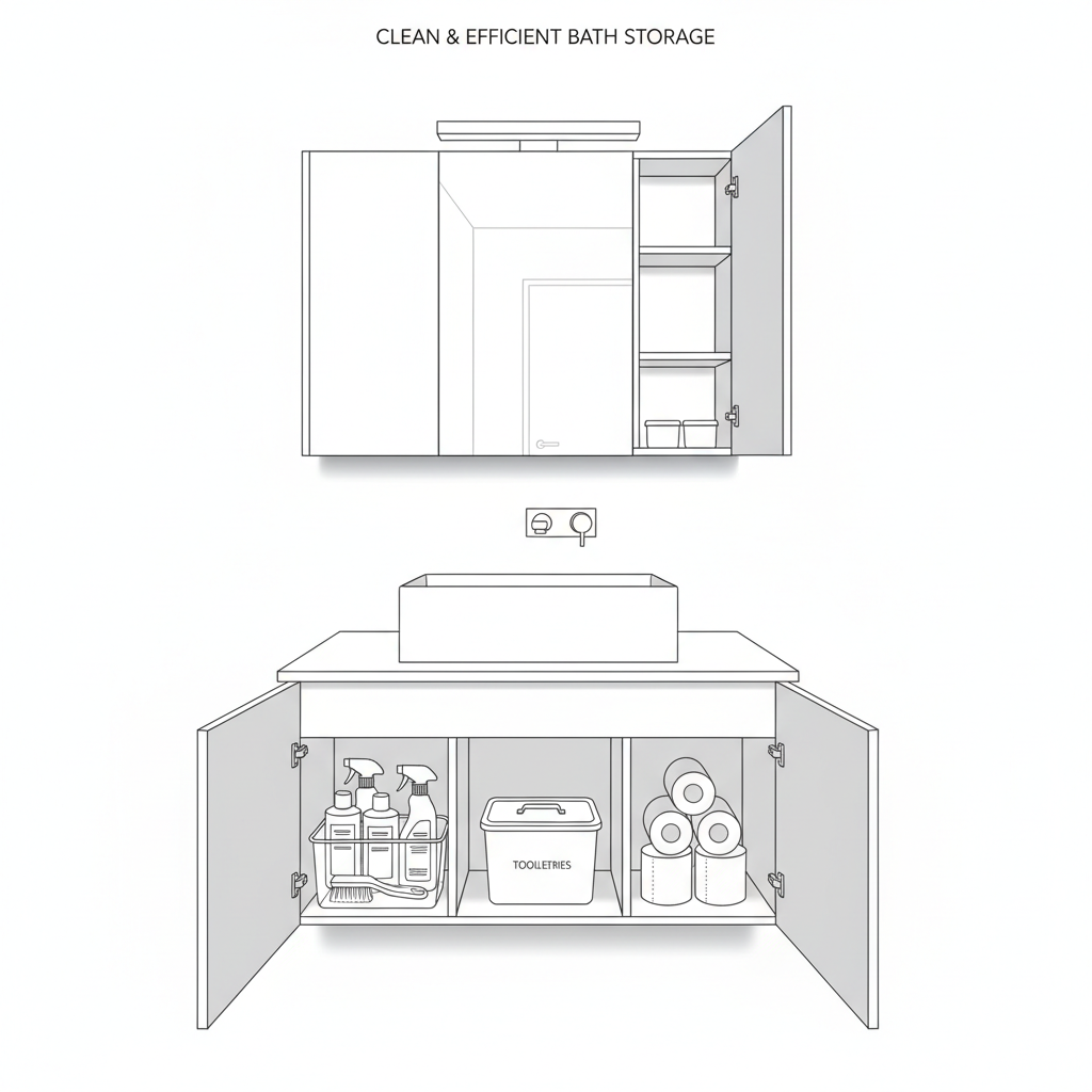 Calm, technical line-art diagram scene of a bathroom storage nook optimized for cleanliness and easy maintenance. A simple under-sink cabinet is open, revealing clearly separated zones: a caddy of spray bottles and scrub brushes, a lidded bin for extra toiletries, and neatly stacked rolls of paper. Above the sink, a mirrored cabinet door is drawn ajar, hinting at organized shelves inside but not detailing products. Light appears to come from a top-mounted fixture, suggested by evenly cast shadows below the sink and cabinet. The composition is straightforward and symmetrical, emphasizing clarity and function. Fine, precise line-art with modest gray shading conveys a professional, methodical approach to keeping a small space clean, prepared, and low-stress.