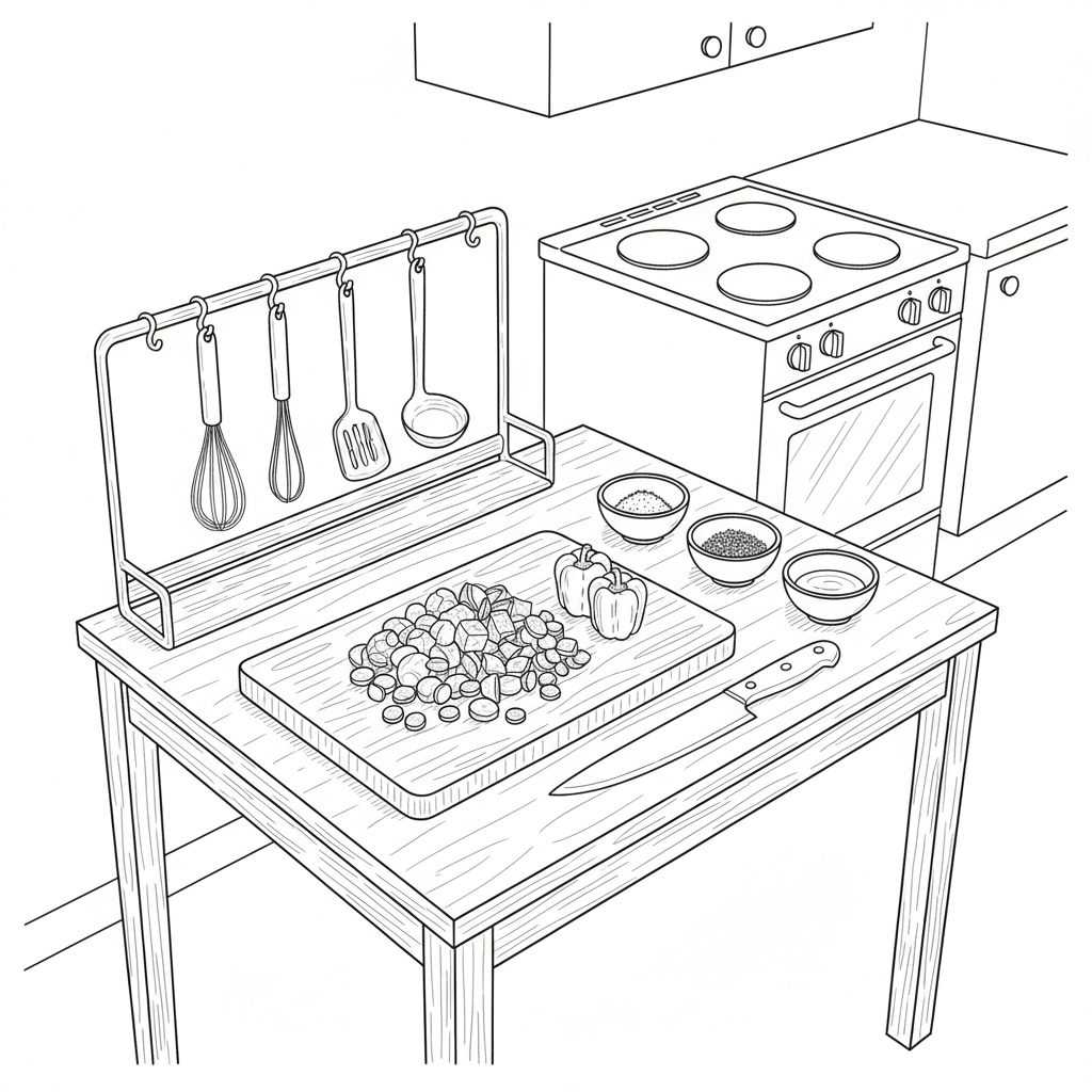 Line-art illustration of a compact home cooking prep station that emphasizes readiness and efficiency. A simple rectangular table holds a cutting board with chopped vegetables, a chef’s knife resting safely to the side, and three small bowls lined up with pre-measured ingredients. Along the back edge of the table, a low, open rack holds essential tools like a whisk, spatula, and ladle. In the background, schematic outlines of a stove and a closed cabinet suggest a tidy kitchen. Indirect daylight from an implied window to the left casts gentle, directional shadows. The camera angle is slightly elevated, giving a clear view of the workspace. The clean, professional line-art style underlines calm, organized cooking as part of everyday self-sufficient living.