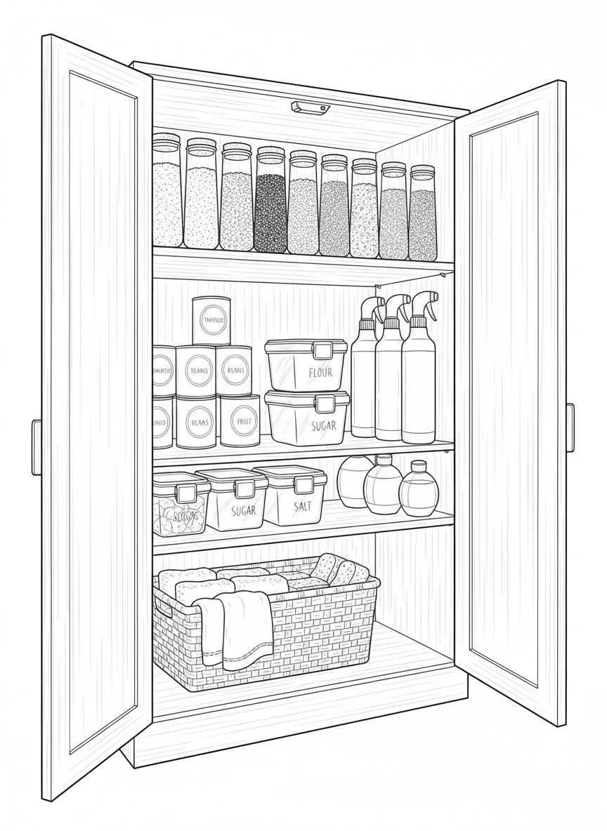 Detailed line-art illustration of a pantry-style storage cabinet open to reveal thoughtfully arranged self-sufficiency supplies. Shelves hold uniform jars of grains and legumes, neatly stacked canned goods with simple, non-text labels, and a few airtight containers of baking essentials. One section contains an orderly row of cleaning products in unbranded bottles, with sprayers and caps carefully defined. A woven basket on the lower shelf holds neatly folded towels and sponges. Lighting appears as soft, frontal illumination, minimizing harsh shadows and keeping every item clearly legible. The composition is slightly angled from the right, showing depth of shelves while maintaining clarity. The clean, professional line-art aesthetic conveys practical preparedness and careful planning for everyday home life.